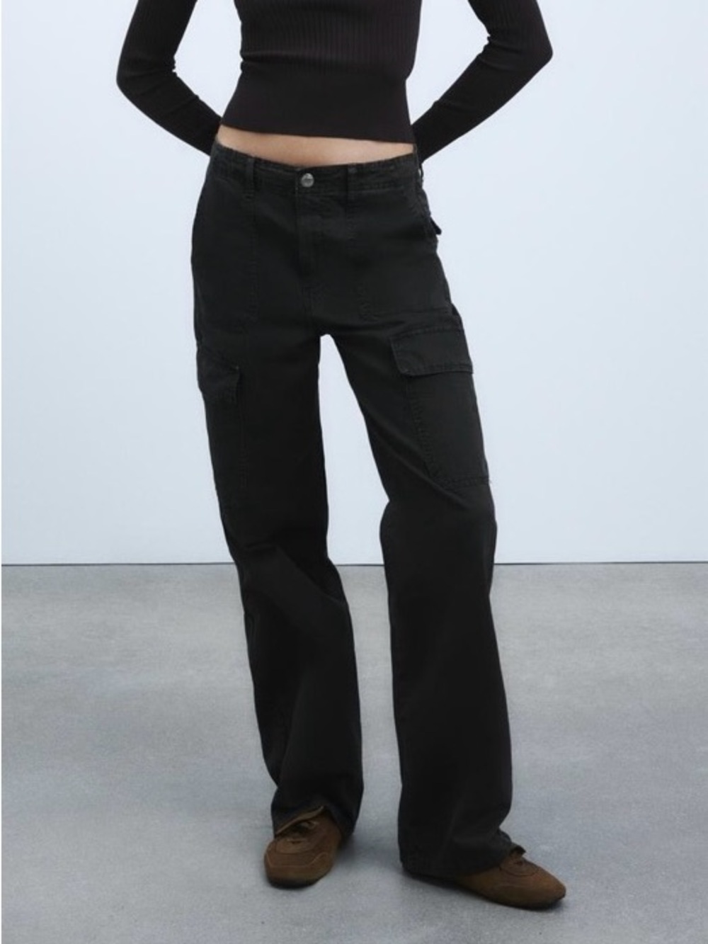 Zara Black Cargo Trousers Pants Pockets Hugh Waist XS Straight-Leg 100% Cotton